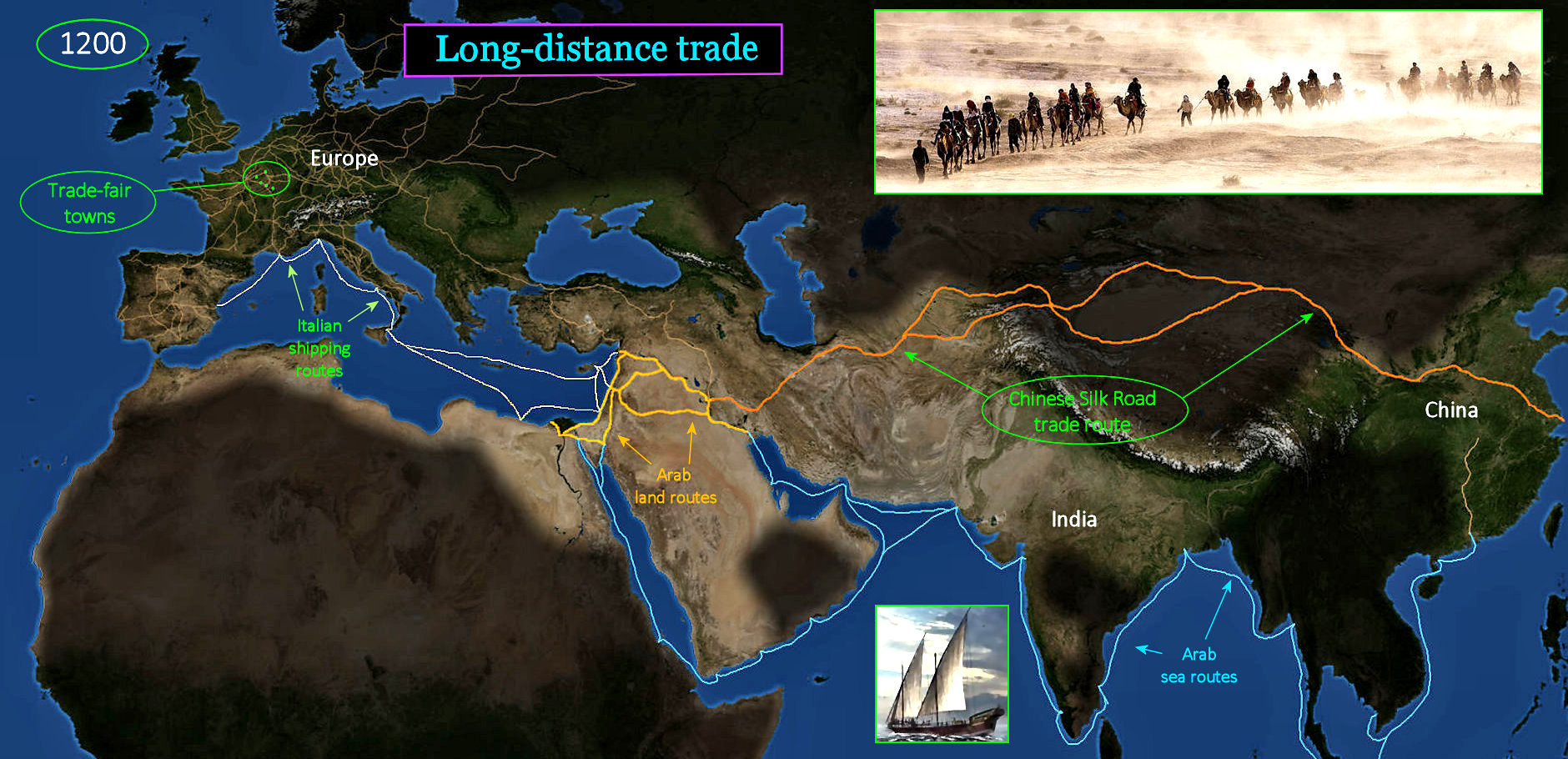 World trade and Silk Road, 1200 AD map